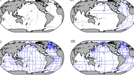 Figure 6. Station locations in the GLODAPv2 data product for data obtained during (a) the 1970s, (b) the 1980s, (c) the 1990s, and (d) 2000s and beyond.