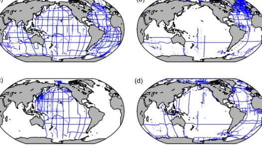 Figure 1. Station locations in (a) GLODAPv1.1, (b) CARINA, and (c) PACIFICA, as well as (d) locations of stations in GLODAPv2 new to data synthesis.