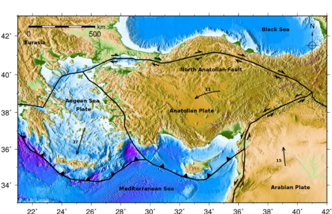 Figure 1.4.: The Anatolian Plate bounds in the north to the Eurasian Plate and in the south to Arabian and African Plates