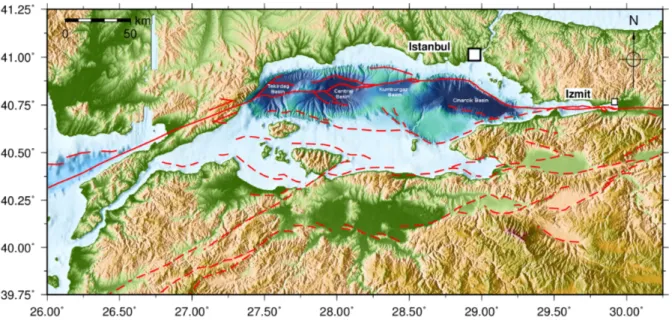 Figure 1.6.: Topographic map of the Marmara Sea. Red lines mark the main North Anatolian Fault by Armijo et al