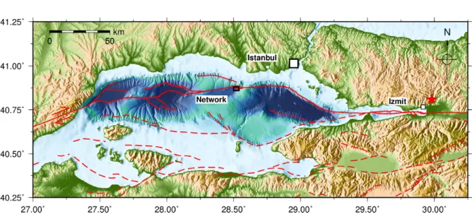 Figure 3.2.: The Sea of Marmara. Red lines indicate the North Anatolian Fault. The red star marks the location of the 1999 Izmit M w 7.6 earthquake