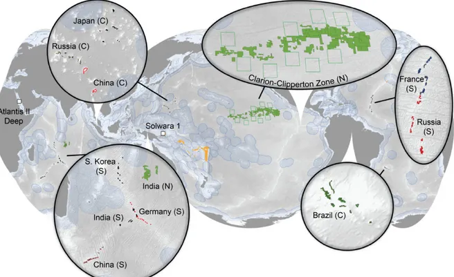 Figure 1 Locations of global exploration licenses for manganese nodules (N), Co-rich  ferromanganese crusts (C) and seafloor massive sulfides (S for licenses within “the Area“, orange for  licenses within EEZs)