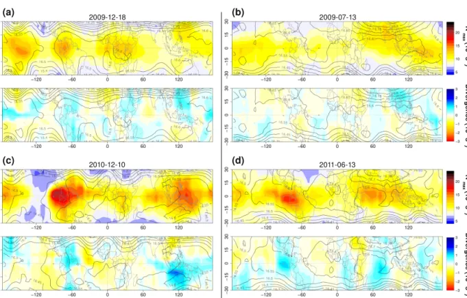 Figure 2. Maps of daily TIL strength (N max 2 , first and third rows) and 100 hPa horizontal wind divergence (second and fourth rows)