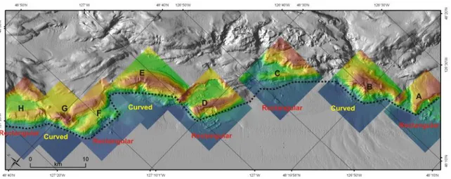 Figure 36  (a) Summary overview of zigzag pattern of the southern portion of the  deformation front (black dotted line), and distribution of rectangular-shaped head-scarps  with blocky failure mass (red) and curved head-scarps and debris-flows (yellow) alo