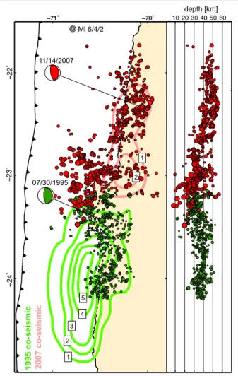 Abb. 2: Versatzkonturen (in Meter) und Nachbeben der Erdbeben  von Antofagasta 1995 (grün) und Tocopilla 2007 (rot)