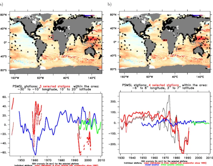 Figure 3.2.: Upper panel: linear trend pattern of SSH over the satellite period from 1993 to 2008 (shading; blueish areas indicate sea level fall, red regions correspond to sea level rise); the locations of all tide gauge  sta-tions are indicated by the bl