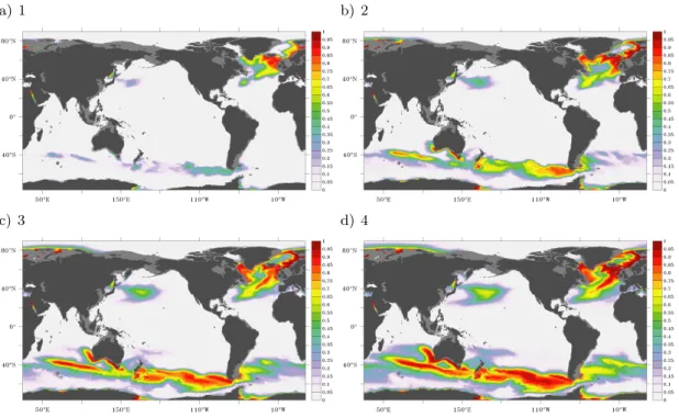 Figure 4.4.: CONC at 300 m depth as an annual average after 1 a), 2 b), 3 c) and 4 years d) integration in ORCA05.