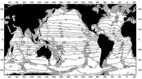 Figure 1.3: Global map of the first baroclinic mode Rossby radius of deformation R d in kilometer.