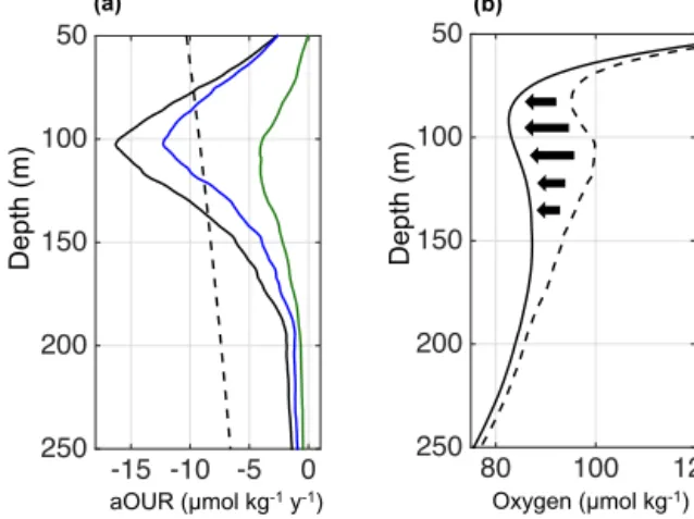 Figure 9. (a) Depth profile of the apparent oxygen utilization rate (aOUR, µmol kg −1 yr −1 ) for the Atlantic as published from Karstensen et al