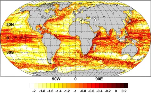 Figure 5. A snapshot of the ocean speed at 50 m from FESOM-HR in the logarithmic scale (log 10 juj=u 0 with u the simulated velocity in m/s and u 0 5 1 m/s).