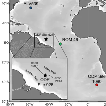 Fig. 1. Location of ODP Leg 154 Site 926B Ceara Rise in relation to other deep water ε Nd records across the Oligocene–Miocene transition discussed in this study