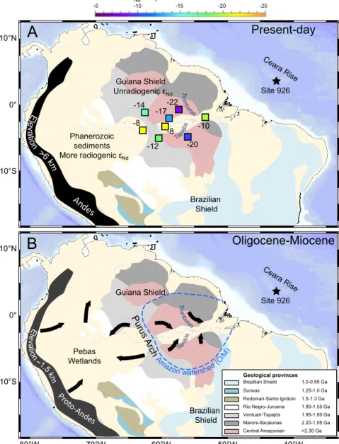 Fig. 3. Geology of the Amazon Basin. Star shows the position of ODP Site 926 on Ceara Rise