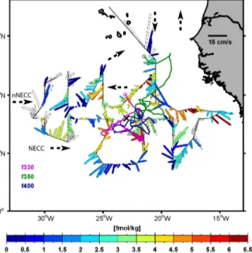 Figure 11. Horizontal distribution of ADCP velocity vectors con- con-verted to the isopycnal σ θ = 26.88 kg m −3 recorded in October–