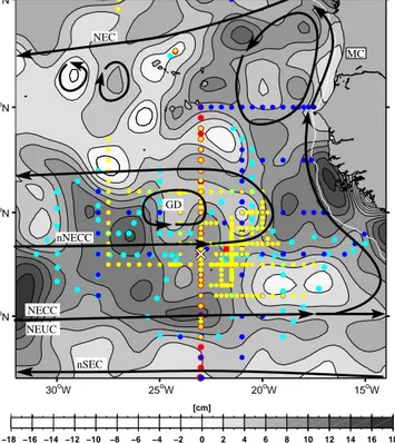 Figure 1. Aviso sea level height anomaly (in cm) for 25 Novem- Novem-ber 2009; cyclonic features are shown in bright color,  anticy-clonic ones in dark grey