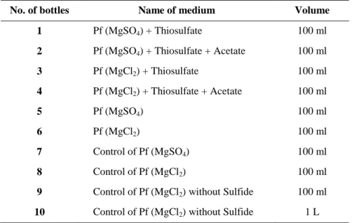 Table 2-3. The protocol of incubation of A. vinosum strain MT86 in different Pf media and control media