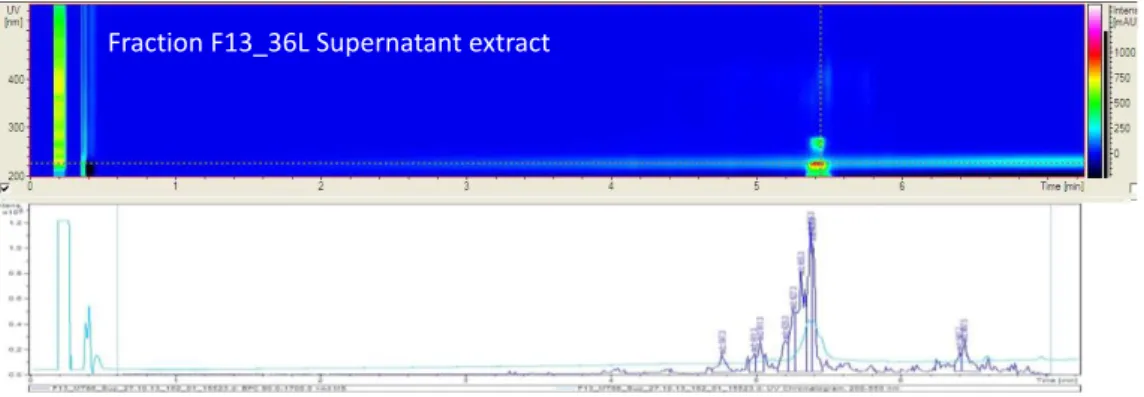 Figure 3-9. HPLC-DAD/MS chromatogram of fraction F13 isolated from A. vinosum MT86. 
