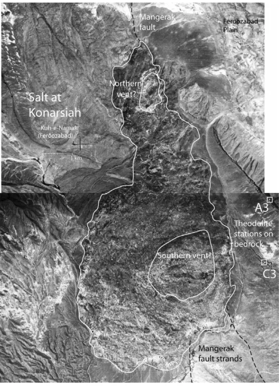Figure 3. An aerial photo laydown of Konarsiah showing the outlines of salt extruding over the  surface (white lines) from the two vents (closed white lines) along a major strike slip fault in its  country rocks (from Figure 6 in ref [4])