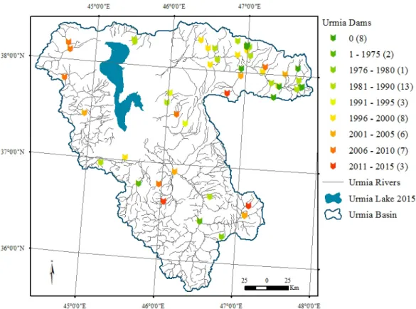 Figure 9. The geographical locations of dams (grouped by the year of operation) over Lake Urmia basin.
