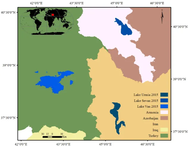 Figure 1. The geographical locations of Lake Urmia, Lake Sevan, and Van Lake in Middle East.