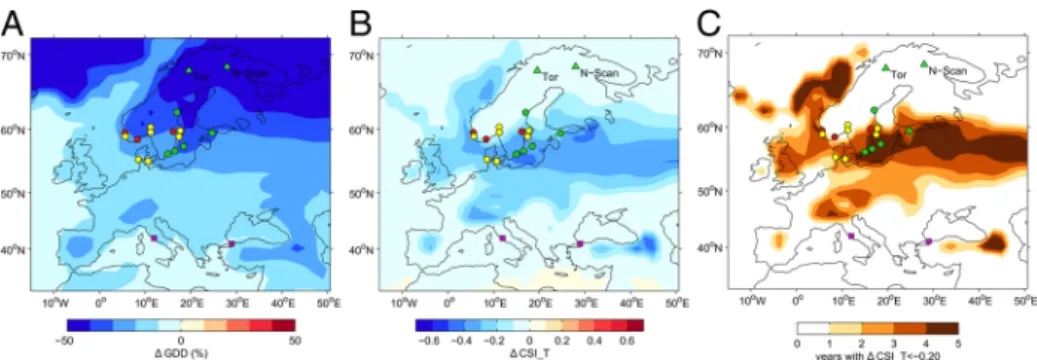 Fig. 5 Impacts of volcanic forcing on accumulated summer warmth and implied agricultural suitability in Northern Europe, 536 – 545 CE