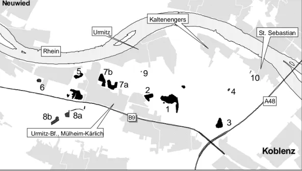 Abbildung  D.2:  Lage  der  kartierten  Gewässer  1-10  (schwarz)  mit  Amphibienvorkommen  im  Untersuchungsgebiet  (Sied- (Sied-lungsbereich und Gewerbegebiete grau).