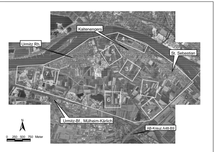 Abbildung D.1: Übersicht über die Lage der 7 Untersuchungsquadrate im Gebiet der Rheindörfer; Orhophoto-Luftbilder sind als  Hintergrund  hinterlegt  (veröffentlicht  mit  Genehmigung  des  Landesvermessungsamtes  Rheinland-Pfalz,  28.7.1999, Az 26 722 – 1