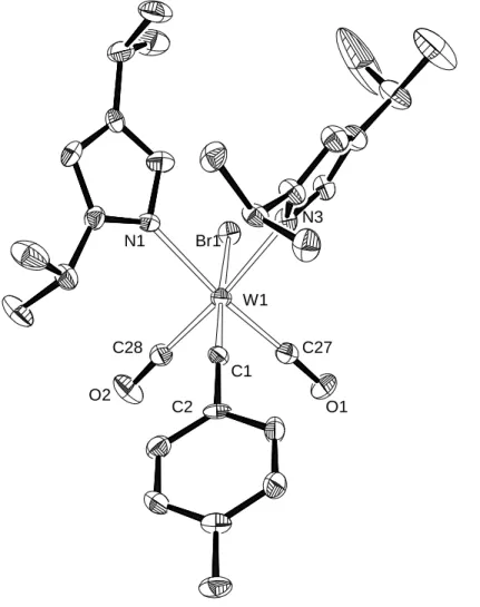 Abbildung 1 : Molekülstruktur von [(Br)(CO) 2 (pz iPr2 ) 2 W≡C-pC 6 H 4 CH 3 ] (10a) (Wasserstoffatome sind nicht dargestellt)