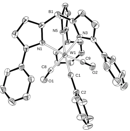 Abbildung 4 : Molekülstruktur von [Tp Ph (CO) 2 W≡C-C 6 H 5 ] (14) (Wasserstoff- (Wasserstoff-atome sind nicht dargestellt)