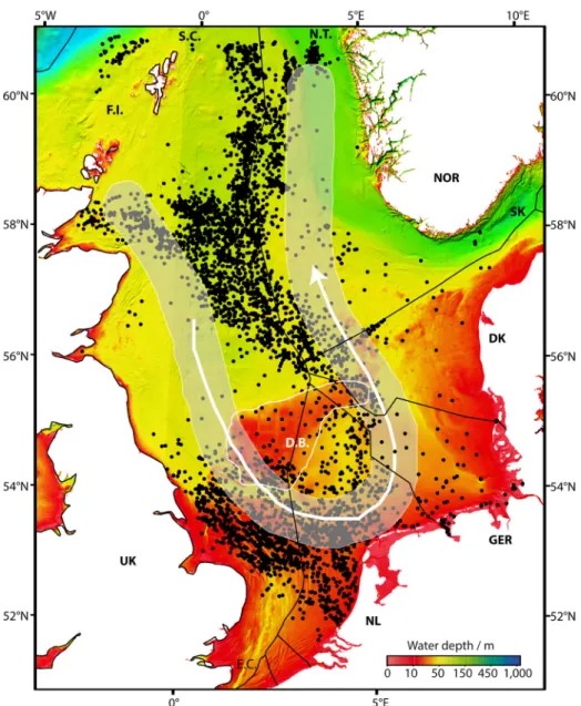 Figure I.5: Bathymetric map of the North Sea (EMODnet) showing the surface location of wells (black  dots), and its hydrology (white arrow; after Thomas et al., 2005)