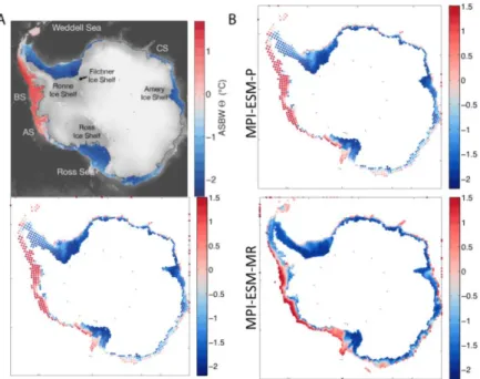 Abb. 10:  Bodentemperaturen auf dem Antarktischen Schelf in Beobachtungen A, sowie in den MPI- ESM  Modellen  B-D