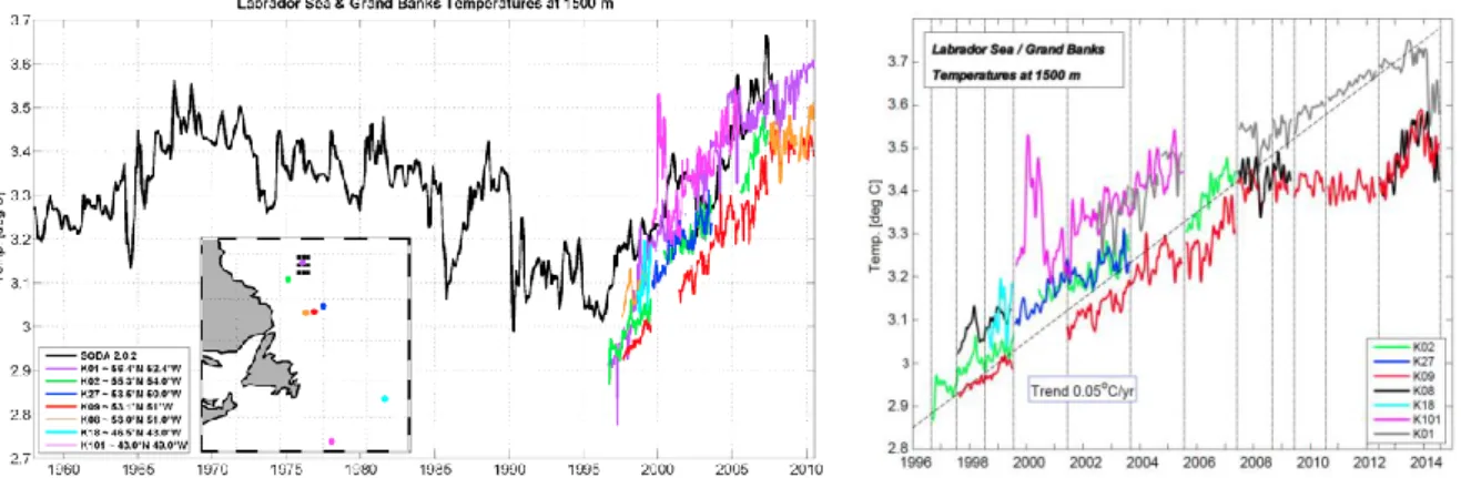 Abb. 1:   Entwicklung  der  Temperaturverteilung  im  Bereich  des  DWBC,  aus  Beobachtungen  und  als  Vergleich  für  die  historische  nicht  Beobachtete  Variabilität  aus  dem  SODA  Modell  (linke Grafik, schwarze Linie)