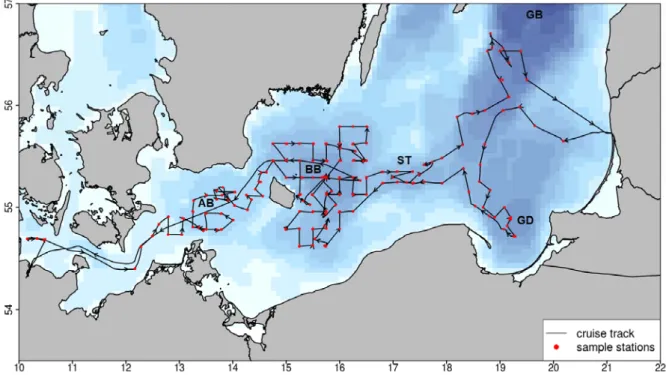 Figure 1  Cruise track of AL 478. KB = Kiel Bight, AB= Arkona Basin, BB = Bornholm Basin, ST =  Stolpe Trench, GD = Gdansk Deep, GB = Gotland Basin   