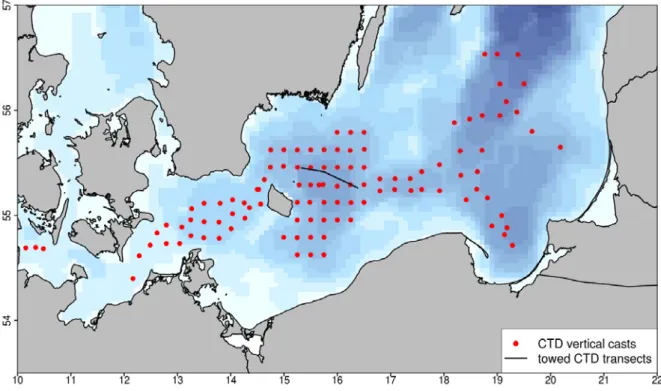 Figure 3 Stations with vertical CTD profiles on AL478 (red dots) and transect of towed CTD  recordings (black line)