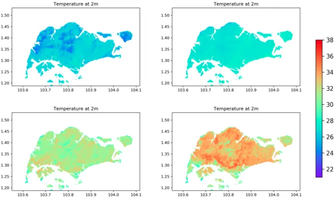 Figure 2.1.6: Example visualisation of a meteorological climate variable - near-surface air temperature at 2 m - at  selected times (from top left to bottom right: 6 am, 9 am, 12 pm, 3 pm) extracted from the output of a WRF simulation  of 2 April 2016