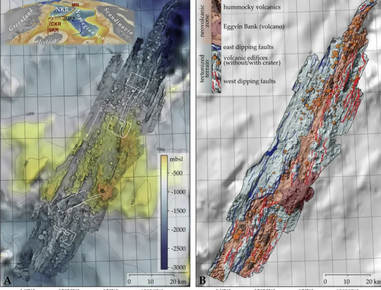 Fig. 1. (A) SB3050 multibeam Tedain Texture Shaderr bathymetry of the Northern segment of the Kolbeinsey Ridge gridded at 50 m (B) geological map based on the bathymetry and sidescan sonar data