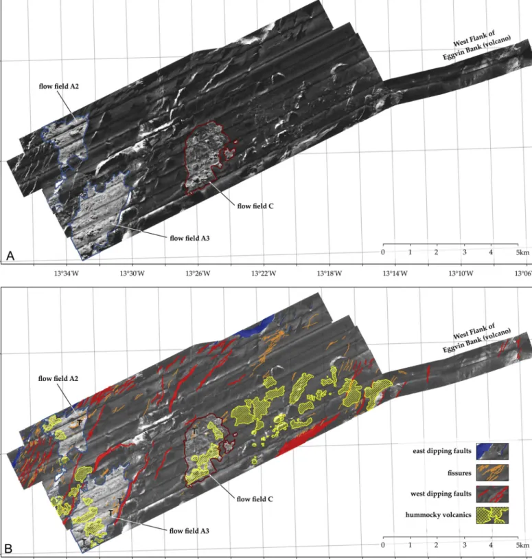 Fig. 3. (A) Mosaic of one of the AUV sidescan sonar datasets in which lava ﬂow ﬁelds with differing backscatter strengths (corresponding to Fig