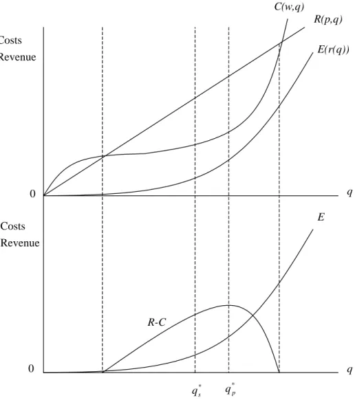 Figure 3.1. Private and social optima: continuous external cost function.