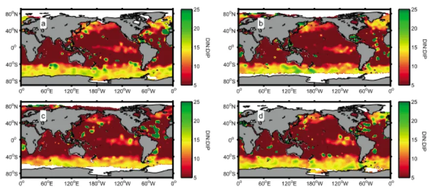 Figure 5. Seasonal oceanic DIN:DIP ratio calculated from WOA09. Each image is a 3 month average composite: (a) January–March, (b) April–June, (c) July–September, and (d) October–December.