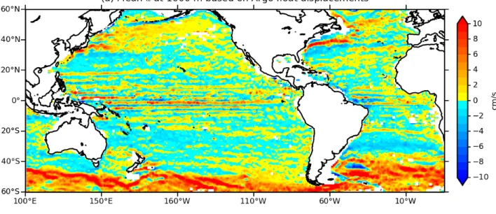 Figure 3: (a) Mean (1997-2014) u at 1000 m from the net displacements of Argo floats at their parking depth,  using  the  YoMaHa  product  (Lebedev et  al