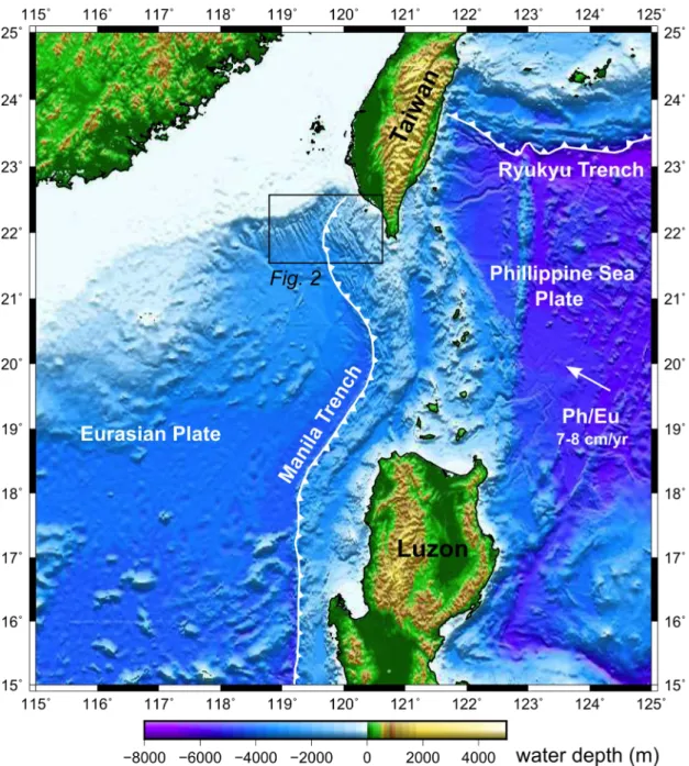 Abb. 1: Tektonische Lage Taiwans an der Grenze zwischen aktivem und passivem  Kontinentalrand am nördlichen Ende des Manila Grabens