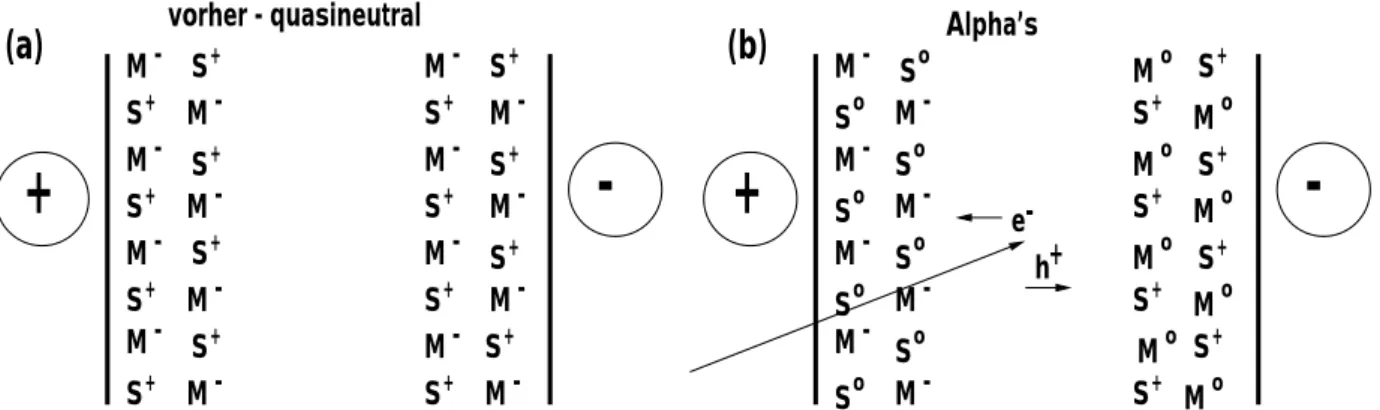 Abbildung 3.13: Schematische Darstellung des M- und S-Fallen Mechanismus. (a) vor der Be- Be-strahlung mit Alpha-Teilchen im quasineutralen Zustand