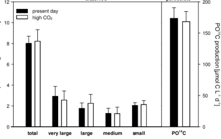 Figure 1. Dissolved (DO 14 C, left) and particulate (PO 14 C, right) primary production [µmol C L −1 d −1 ] of Emiliania huxleyi at present-day (filled bars) and high-CO 2 (open bars) conditions.