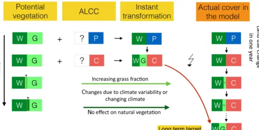Figure A1. Diagram to illustrate the legacy effect of long-term changes in natural vegetation (G: grass; W: woody type) after strong an- an-thropogenic land use transitions (P: pasture; C: crops)