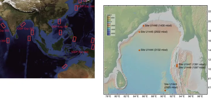 Figure F2. Location of Expedition 353 sites and seafloor depths. Map was generated using GeoMapApp (www.geomapapp.org), using topography and bathymetry from the Global Multi-Resolution Topography synthesis (Ryan et al., 2009)