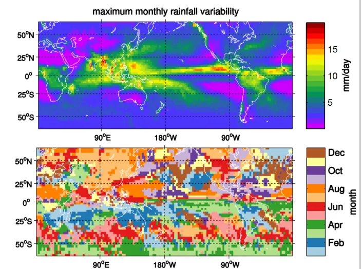 Figure 3: Maximum monthly mean rainfall variability. Shown is the highest standard deviation of the interannual monthly mean rainfall variability (top) and the corresponding month of the  occur-rence of this maximum standard deviation (bottom)