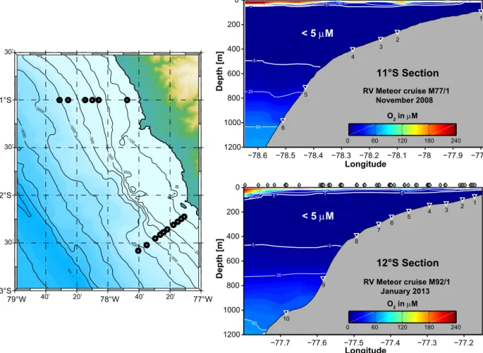 Figure 1. Slope bathymetry (contours in m) and benthic sampling stations on the Peruvian margin at 11 and 12 ◦ S (left)