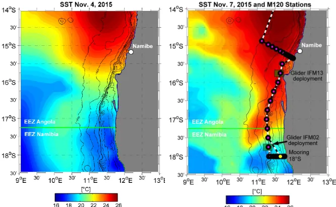 Abb.  1.:  Meeresoberflächentemperatur  am  4.  November  (links)  und  am  7.  November  (rechts)  aus  Satellitenmessungen