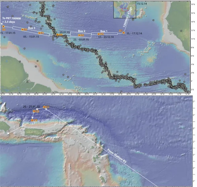 Figure 6-1: The planned cruise track for SO-237, showing the Vema Fracture Zone (upper panel) and  the Puerto Rico Trench (lower panel)