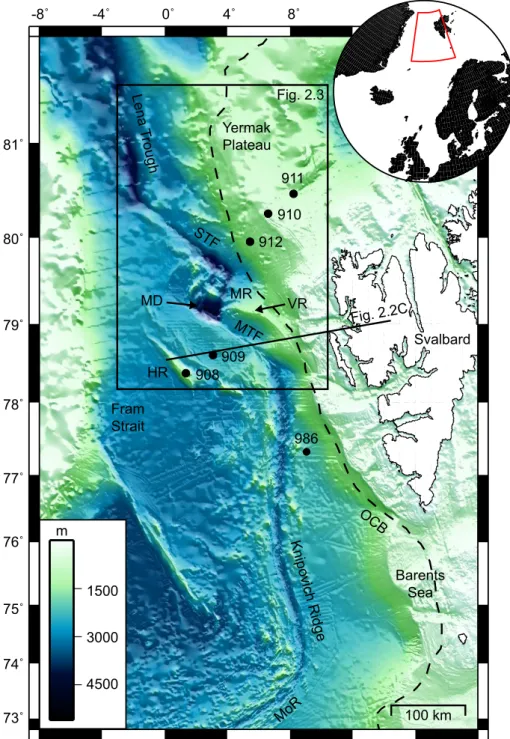 Figure 2.1: Bathymetric map of the western Svalbard margin, located in the northern North Atlantic (inset)