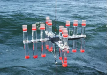 Figure 6: Each cross is lowered  separately to the water column during  deployment of the surface tethered  drifting sediment trap